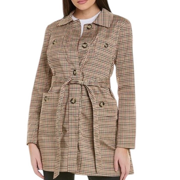 Cabi Houndstooth Sherlock Coat Trenchcoat Brown Red Cream Beige Women size Small - Picture 1 of 12